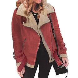 HHMY Motorradjacke Gefüttert - Damen Kunstleder Jacke Kurze Winterjacke Kunstpelz Teddyfleece Fahrradjacke Revers Langarm Übergangsjacke, Verstellbarem Gürtel von HHMY