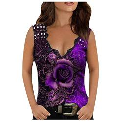 HHMY Oberteile Damen Sexy Rosenmuster Tank Tops Mit Spitze Sommer Tshirt Ärmellose Tunika V Ausschnitt Weste Bluse Strandmode Streetwear Blusentop von HHMY