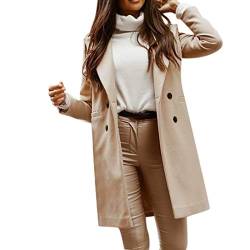 HHMY Revers Mantel Damen - Zweireihig Mäntel Elegante Übergangsjacke Faux Wollmantel Einfarbig Parka Coat Schulterpolster Blazer Jacke, Über Dem Knie, Einfarbig von HHMY