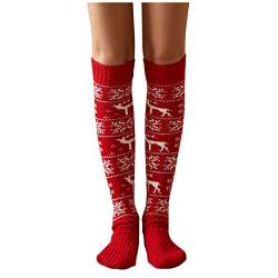 HHMY Weihnachtssocken Winter Warm Gemustert Freizeitsocken Lustige Overknee Hohe Socken Trachten Lang Stricksocken Für Damen Socken Elastisch Socken Weihnachts Geschenk Kuschelsocken, Rot, L von HHMY