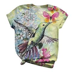 T-Shirt Damen Kurzarm Sommer Oberteile 3D Kolibri Drucken Tee Tops Casual Frauen Rundhals Bluse Vogeldruck Tunika Top von HHMY