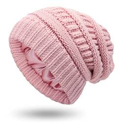 HHOOMY Damen Winter Beanie Mütze Satin gefütterte Strickmütze für Damen Winter warme Dicke Schneekappen (Rosa) von HHOOMY