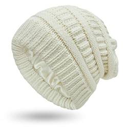 HHOOMY Damen Winter Beanie Mütze Satin gefütterte Strickmütze für Damen Winter warme Dicke Schneekappen (Weiß) von HHOOMY