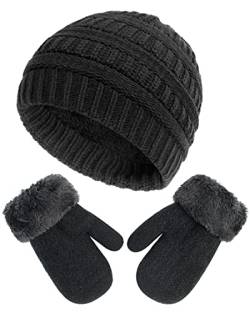 HHOOMY Kinder Winter Warm Beanie Mütze Handschuhe Set Doppellagige Thermo Strickmütze mit Fleece Futter für Mädchen Jungen Kinder Alter 2-6 Jahre alt, Schwarz von HHOOMY