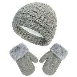 HHOOMY Kinder Winter Warm Beanie Mütze Handschuhe Set Doppellagige Thermo Strickmütze mit Fleece Futter für Mädchen Jungen Kinder Alter 2-6 Jahre alt, grau von HHOOMY