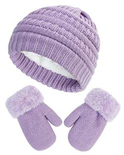 HHOOMY Kinder Winter Warm Beanie Mütze Handschuhe Set Doppellagige Thermo Strickmütze mit Fleece Futter für Mädchen Jungen Kinder Alter 2-6 Jahre alt, violett von HHOOMY
