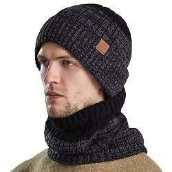 Herren Beanie Mütze Schal Set - Winter Warme Strickmütze Halswärmer Snood Weiches Fleece Innenfutter Totenkopfmütze für Herren Outdoor Sportaktivitäten Bestes Geschenk von HHOOMY