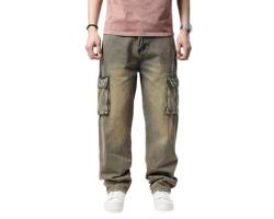 Herren Große Größen Distressed Jeanshose Baggy Hip Hop Streetwear Skaterhosen Cargohose Mit Multi-Tasche (Khaki,6XL) von HHuiXinXue