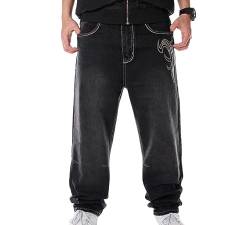 Herren Große Größen Hip Hop Jeans Young Fashion Streetwear Skaterhosen Relaxed-Fit Breites Bein Hosen Mit Embroidery (Schwarz,L) von HHuiXinXue