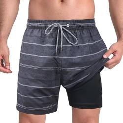 HIALTODAY Badehose Badeshorts Herren Lang Schnelltrocknend, Schwarz Grau Schwimmhose Boardshorts für Männer mit Mesh-Futter und Verstellbarem Tunnelzug Schwimmen Strand Surfen von HIALTODAY