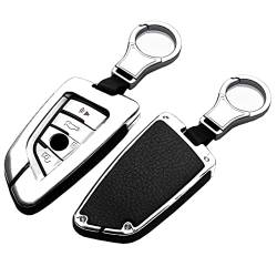 HIBEYO Autoschlüssel Hülle für BMW Cover Leder Zinklegierung Schutzhülle Schlüsselhülle für BMW Keyless Serie 1 3 5 7 X1 X3 X4 X5 X6 F30 E30 Smartkey Schlüsselbox Abdeckung Fall-Silber Schwarz von HIBEYO