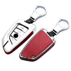 HIBEYO Autoschlüssel Hülle für BMW Cover Leder Zinklegierung Schutzhülle Schlüsselhülle für BMW Keyless Serie 1 3 5 7 X1 X3 X4 X5 X6 F30 E30 Smartkey Schlüsselbox Abdeckung Fall-Silber Rot von HIBEYO