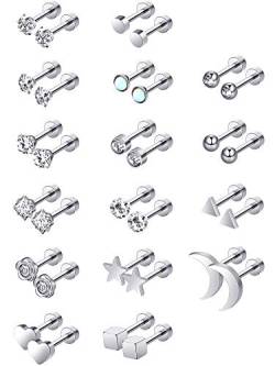 Edelstahl Ohrstecker Knorpel Tragus Barbell Ohrstecker Strass Intarsien CZ Ohr Screwback Piercings, 16 Paar (Stahl) von HICARER