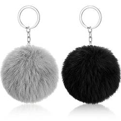 HICARER 2 Stücke Pom Poms Schlüsselanhänger Flaumig Faux Pompoms Schlüsselring Weiche Plüsch Schlüsselring Ornament Anhänger Zubehör für Damen Mädchen Frauen (Grau, Schwarz) von HICARER