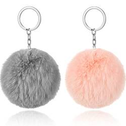 HICARER 2 Stücke Pom Poms Schlüsselanhänger Flaumig Faux Pompoms Schlüsselring Weiche Plüsch Schlüsselring Ornament Anhänger Zubehör für Damen Mädchen Frauen (Rosa, Grau) von HICARER