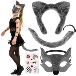 HICARER 4 Stück Wolf Kostüm Set für Kinder Erwachsene Plüsch Wolf Ohren Haarreif Wolfsschwanz Augenmaske Wolfspfote Tattoo Aufkleber Tierkostüm Accessoires für Karneval Halloween Weihnachten von HICARER