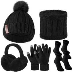 HICARER 6 Stück Winterset Fleece Strickmütze Schlauchschal Touchscreen Handschuhe Faltbar Ohrenwärmer Socken (Schwarz) von HICARER