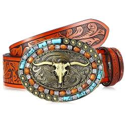 HICARER Western Ledergürtel mit Schnalle Cowboy Gürtel mit Langhorn Stier Muster Schnalle Western Gürtel mit Klassischem Bulle Gravierter Cowboy Ledergürtel für Herren (Orange) von HICARER