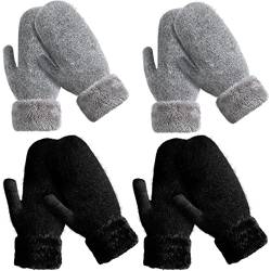 Hicarer 4 Paar Damen-Winter-Fäustlinge für Damen, Erwachsene, Damen, Strickhandschuhe, warme Fleece-Fäustlinge, doppelte Wollhandschuhe, Schwarz, Dunkelgrau, Double Layer von HICARER