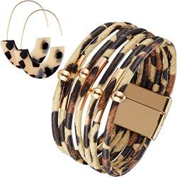 Hicarer Leopard Armbänder und Ohrringe für Frauen Gepard Armbänder Schildpatt Ohrringe Mehrschichtig Leder Wickel Armbänder Boho Zubehör für Frauen Große Handgelenke (Beiger Leopard) von HICARER