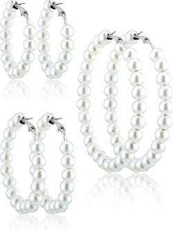 Künstliche Perle Creolen 3 Paar Perlen Ohrringe für Frauen Mädchen Bräute Geschenk (Silber Ohrringnadel) von HICARER