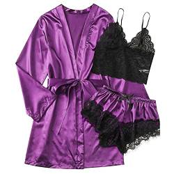 Damen Nachtwäsche 3 teiliges Satin Seide Pyjamas Set Frauen Nachthemd Dessous Unterwäsche Elegante Spitzen Vest Robes Top and Shorts Loungewear Home Anzug (2-Purple,M) von HIGOU