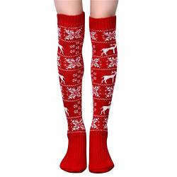 Socken Atmungsaktiv Damen Frauen Weihnachten Herbst und Winter gestrickte Baumwollsocken Weihnachten gestrickte Overknee-Wollstrümpfe Overknees Strümpfe Herren(Red,One Size) von HIGOU