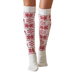 Socken Atmungsaktiv Damen Frauen Weihnachten Herbst und Winter gestrickte Baumwollsocken Weihnachten gestrickte Overknee-Wollstrümpfe Overknees Strümpfe Herren(White,One Size) von HIGOU