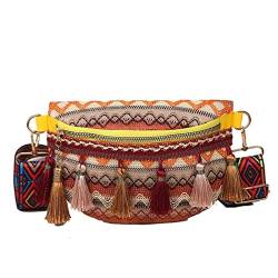 HIHELO Handtasche für Damen, Folk-Stil, Gürteltasche mit verstellbarem Riemen, verschiedene Farben, Bauchtasche mit Fransen-Deko-Gürtel, gelb, A von HIHELO