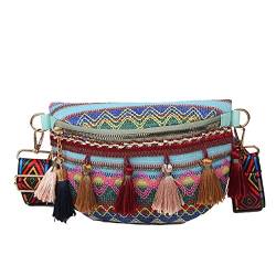 HIHELO Handtasche für Damen, Folk-Stil, Gürteltasche mit verstellbarem Riemen, verschiedene Farben, Bauchtasche mit Fransen-Deko-Gürtel, grün, A von HIHELO