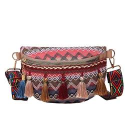 HIHELO Handtasche für Damen, Folk-Stil, Gürteltasche mit verstellbarem Riemen, verschiedene Farben, Bauchtasche mit Fransen-Deko-Gürtel, rot, A von HIHELO