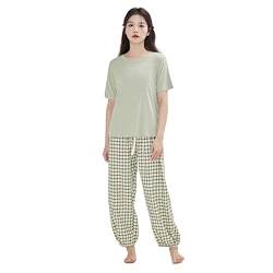 HIHELO Pyjama Frühling und Sommer Pyjama für Frauen Kurzarm Anzug Clashing Modal Lose Loungewear kann draußen getragen werden-Aqua, F (40-65kg) von HIHELO