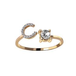 HIJONES Damen Anfangsbuchstabe Open Ring mit Zirkonia Stapelbaren Alphabet Verstellbaren Ringen Golden Brief C von HIJONES