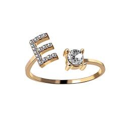 HIJONES Damen Anfangsbuchstabe Open Ring mit Zirkonia Stapelbaren Alphabet Verstellbaren Ringen Golden Brief E von HIJONES