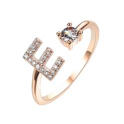 HIJONES Damen Anfangsbuchstabe Open Ring mit Zirkonia Stapelbaren Alphabet Verstellbaren Ringen Roségold Brief E von HIJONES