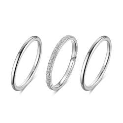 HIJONES Damen Edelstahl 3pcs Stapelbare Ringe Einfach 2mm Dünne Knöchel Finger Ehering Set Silber Größe 60 von HIJONES