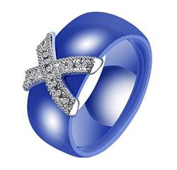 HIJONES Damen Mädchen Elegante Kristall Keramik Ring Kuppel aus Edelstahl mit Zirkonia Promise Eheringe Blau Größe 65 von HIJONES