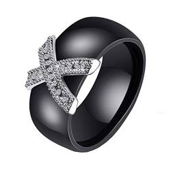 HIJONES Damen Mädchen Elegante Kristall Keramik Ring Kuppel aus Edelstahl mit Zirkonia Promise Eheringe Schwarz Größe 65 von HIJONES