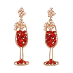HIJONES Frauen Vintage Champagner Weinglas Ohrringe aus Perlen Perlen Tropfen Charmante Cocktail Hübsche Ohrringe Für Frau Rot von HIJONES