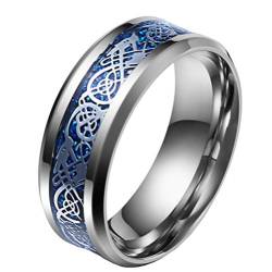 HIJONES Herren Celtic Dragon Blue Kohlefaser Silber Edelstahl Ring Ehering 8MM Größe 65 von HIJONES