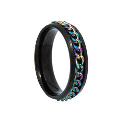 HIJONES Herren Damen 6mm Drehbare Kette Ring Edelstahl Multicolor Aussage Ring Band Fingerschmuck Schwarzer Regenbogen Größe 65 (20.7) von HIJONES