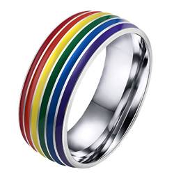 HIJONES Herren Damen Einfach 8MM Gewölbt Regenbogen Schwule Stolz Ring aus Rostfreier Stahl Silber Größe 57 von HIJONES