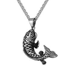 HIJONES Herren Edelstahl Koi Fisch Anhänger Halskette Chinesischer Karpfen Amulett Lucky Anhänger Silber Anhänger mit Kette von HIJONES