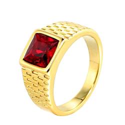 HIJONES Herren Edelstahl Rot Stein Ring Quadratisch Edelstein Pinky Finger Ringe mit Kristall Statement Schmuck Gold Größe 54 von HIJONES