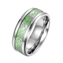 HIJONES Herren Edelstahl Silber Keltischer Drachen Ring Mit Grün Nachtleuchtend Carbon Fiber Inlay Ehering 8MM Silber Größe 62 von HIJONES