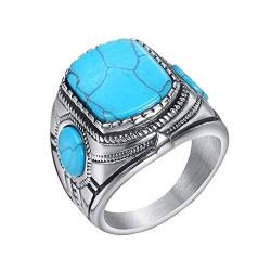 HIJONES Herren Jahrgang Blau Türkis Onyx Edelstein Ring aus Edelstahl Silber Größe 70 von HIJONES