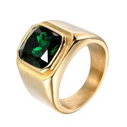 HIJONES Herren Stein Ring Vergoldet Edelstahl Große Quadratische Zirkonia Vintage Statement Ringe Grün Größe 52 von HIJONES