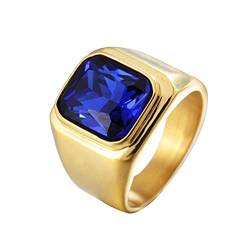 HIJONES Herren Stein Ring Vergoldet Edelstahl Große Quadratische Zirkonia Vintage Statement Ringe Marineblau Größe 75 von HIJONES