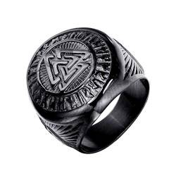 HIJONES Herren Valknut Nordischer Wikinger Odin Symbol Ring aus Edelstahl Krieger Motorradfahrer Signierter Ringe Schwarz Größe 70 von HIJONES