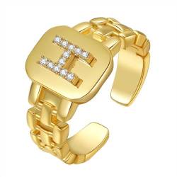 HIJONES Initialenring mit Diamant für Damen Verstellbar Stapelbarer Offener Alphabet Ring Einfacher Statement Ehering Gold H von HIJONES